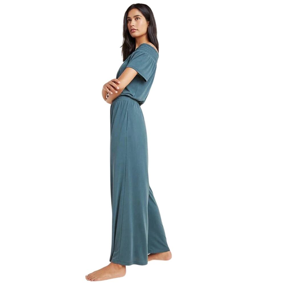 Anthropologie Rebecca Smocked Wide Leg Jumpsuit Teal Women’s Medium Off Shoulder - Picture 2 of 16